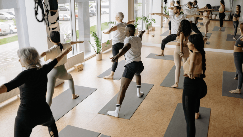 People doing stretching yoga