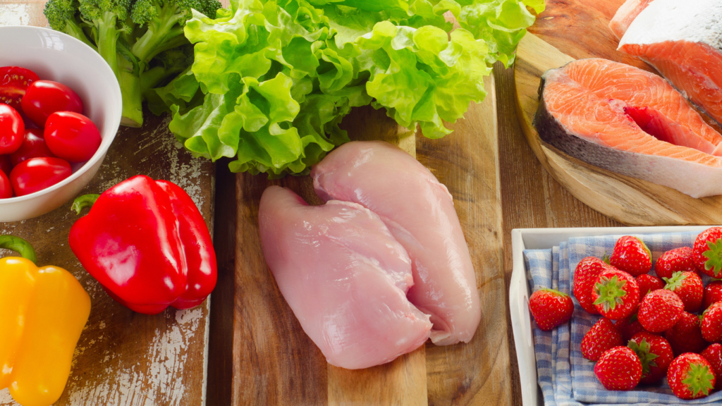 chicken meat vegetables and strawberry