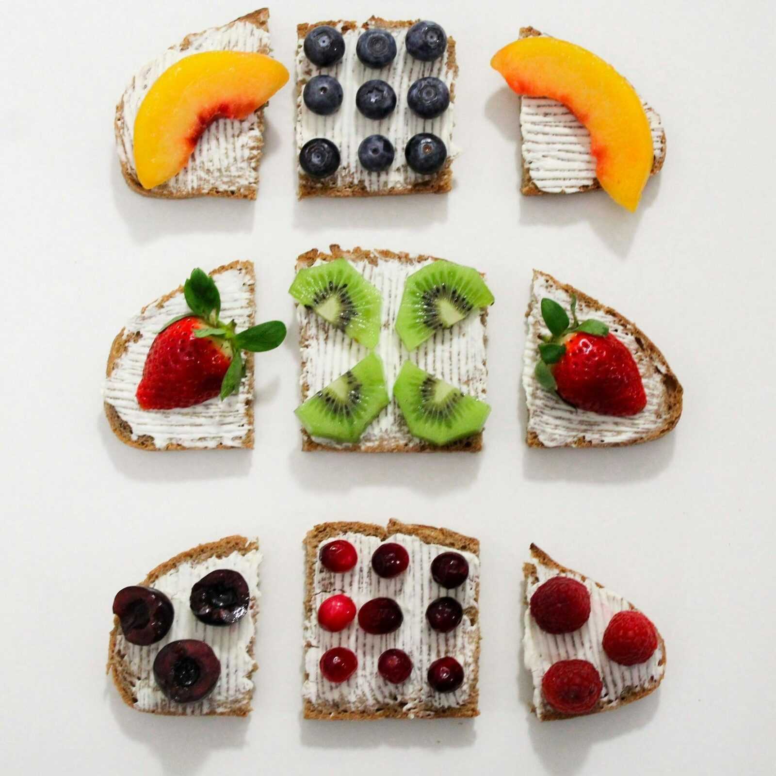 Explore delicious and healthy fruit-topped cream cheese toasts in a visually appealing arrangement.